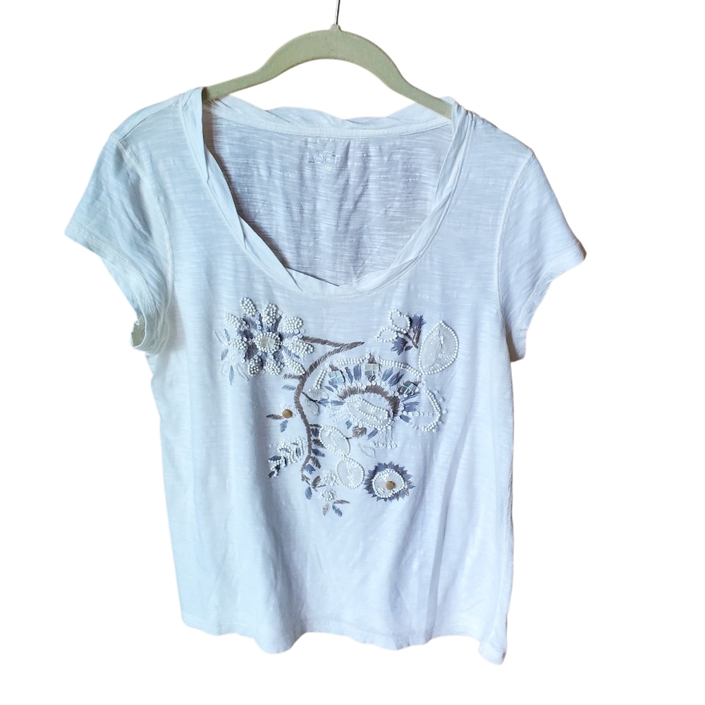 LOFT Cotton Short Sleeve Tshirt Embellished Mother Of Pearl Beada Large Petite